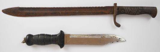 German WW1 saw back bayonet 98/05 pattern in relic condition together with a Japanese 'Bowie'