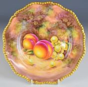 Royal Worcester peaches and grapes painted fruit plate with gilded rim and signed Sibley - Lewis,