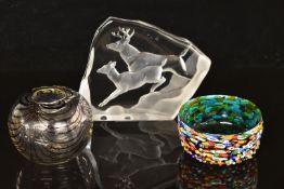 Three pieces of glass comprising John Ditchfield globular vase, Rossi Murano millefiori bowl and a