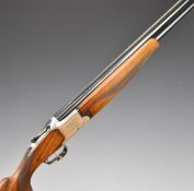 Laurona 12 bore over and under ejector shotgun with engraved lock, underside and thumb lever,
