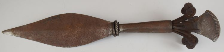Tribal / ceremonial knife of crude construction, with spear point 22cm blade and scrolled