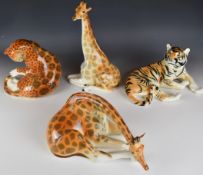 Lomonosov / USSR four large porcelain animal figures comprising two giraffes, a tiger and a leopard,