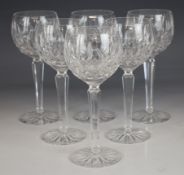 Waterford Crystal Lismore pattern set of six clear cut glass balloon wine glasses, 19cm tall.
