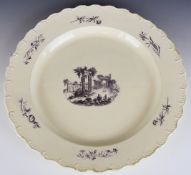18th / 19thC creamware charger transfer printed with ruins, possibly Smyrna, diameter 39cm
