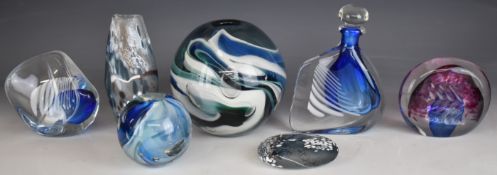 Seven pieces of British studio glass comprising Karlin Rushbrooke scent bottle and matching