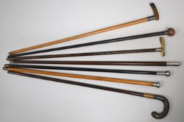 Seven walking sticks and canes including examples with specimen wood, hallmarked silver, horn, agate