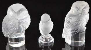 Three Lalique frosted and clear glass owl paperweights all signed 'Lalique France' to base,