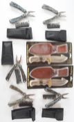 Two Uncle Henry hunting knives with sheaths, together with five multi tools, all with pouches,