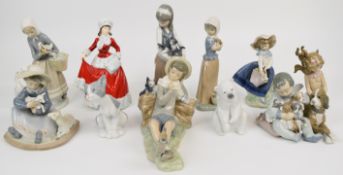 Ten Lladro / Nao and Royal Doulton figures including mermaid and children including with with lambs,