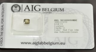A loose 0.64ct cushion cut natural fancy intense yellowish green diamond, with certificate