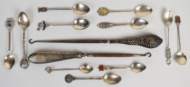 Collector's spoons including Clovelly hallmarked silver and enamel example, 800 grade examples and