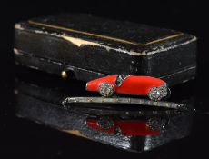 Art Deco white metal brooch in the form of a car set with paste and enamel, 4.2cm