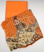 Hermès silk Mousseline scarf 'A Cheval Sur Mon Carre' by Bali Barret, with horse design on orange