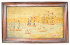 Late Georgian / William IV Royal Navy interest large wool work or embroidery of ships of the line,