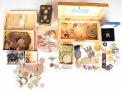 A collection of buttons, badges, coinage and collectibles including Polish military cap badge, set