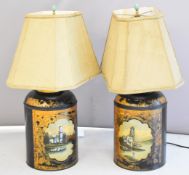 A pair of Chinese Toleware large tea cannisters with applied mother of pearl decoration, converted