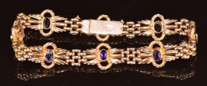 Edwardian 9ct gold bracelet set with oval cut amethysts, 17.3g, 18.5cm