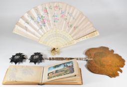 19thC pierced bone fan with flower decoration, Holy Land Jerusalem olive wood pressed flower