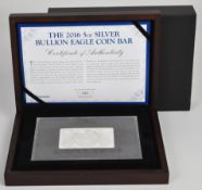 Westminster cased limited edition (010/495) 2016 five ounce silver eagle bullion bar, with