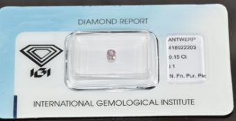 A loose 0.15ct cushion modified brilliant cut natural fancy purplish pink diamond, with certificate