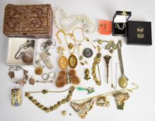 Costume jewellery including silver brooch, Japanese bracelet, silver locket with engraved swallow