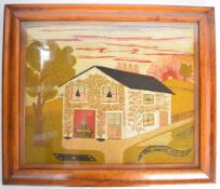 19thC wool work / embroidery of a house with climbing rose / vines and sun setting / rising