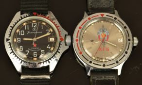 Two Vostok Russian wristwatches, one marked KGB in Cyrillic to the dial, each with date aperture,
