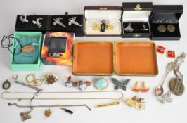 A collection of costume jewellery including silver cufflinks set with marcasite, Victorian