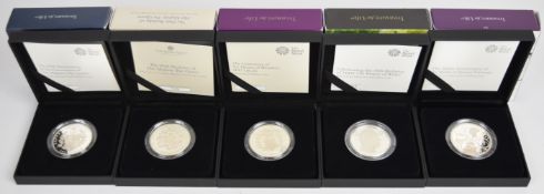 Five cased limited edition Royal Mint proof Piedfort £5 silver coins, comprising 2021 95th