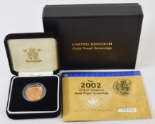 Royal Mint cased limited edition (3,306/12,500) proof 2002 gold full sovereign, with Royal Mint