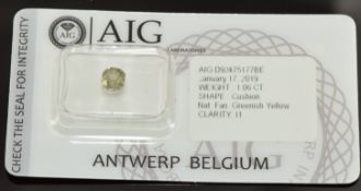 A loose 1.06ct cushion cut natural fancy greenish yellow diamond, with certificate