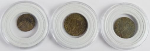 A small silver continental / crusader type circa 16thC coin and two circa 17thC provincial copper