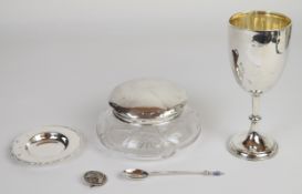 Hallmarked silver items comprising Victorian goblet, height 18.5cm, silver lidded cut glass dressing