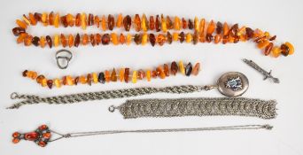 A collection of jewellery including amber necklace and matching bracelet, Victorian white metal