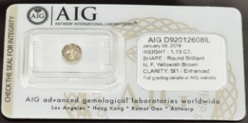 A loose 1.13ct round brilliant cut natural fancy yellowish brown diamond, with certificate (