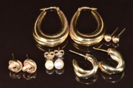 Five pairs of 9ct gold earrings including knots, hoops, etc, 7g