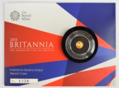 Royal Mint limited edition (1236/7500) proof 2015 1/40 ounce gold Britannia coin, in original