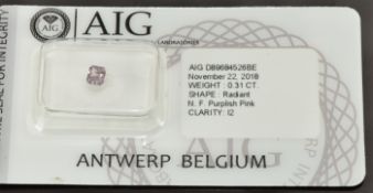 A loose 0.31ct radiant cut natural fancy purplish pink diamond, with certificate