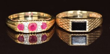 A 9ct gold ring set with rubies and diamonds in an 'I love you ' setting and a 9ct gold ring set
