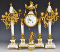 French gilt metal and alabaster figural clock and garniture with floral dial, the movement marked