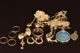 Five 9ct gold chains, 9ct gold dolphin pendant, four pairs of 9ct gold earrings including hearts and