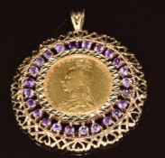1890 gold full sovereign in 9ct gold pendant mount set with amethysts, 14.8g