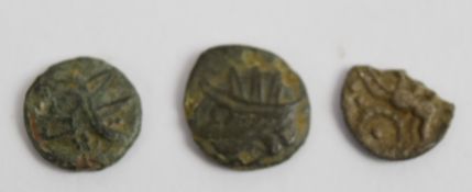 Three ancient bronze Celtic stater coins, 9-10mm diameter