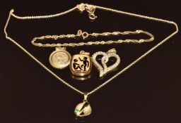 A 9ct gold bracelet, 9ct gold St Christopher, 9ct gold chain, two 9ct gold pendant (6.8g) and a