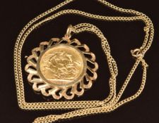 1912 gold full sovereign in 9ct gold pendant mount, on 9ct gold chain, 16.8g