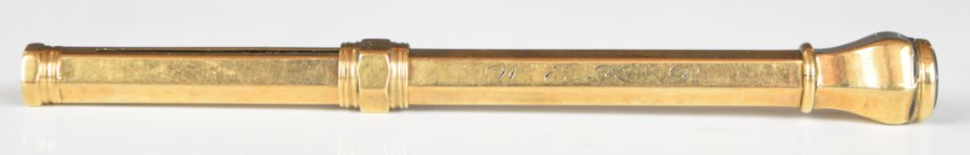 Mordan 9ct gold hexagonal propelling or extending pencil, maximum length 12cm, weight 12.0g all in