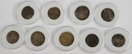 Nine silver hammered coins Edward II etc long cross, includes Bury-St-Edmunds and Bristol Mint