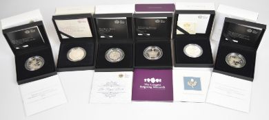 Six Royal Mint cased limited edition proof silver £5 coins comprising two 2015 Second Birthday of