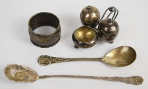 Hallmarked and other silver comprising Victorian hallmarked silver cruet set, Birmingham 1890, maker