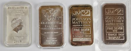 Four one ounce fine silver ingots comprising two Johnson Matthey, one Australia 2018 and an SM